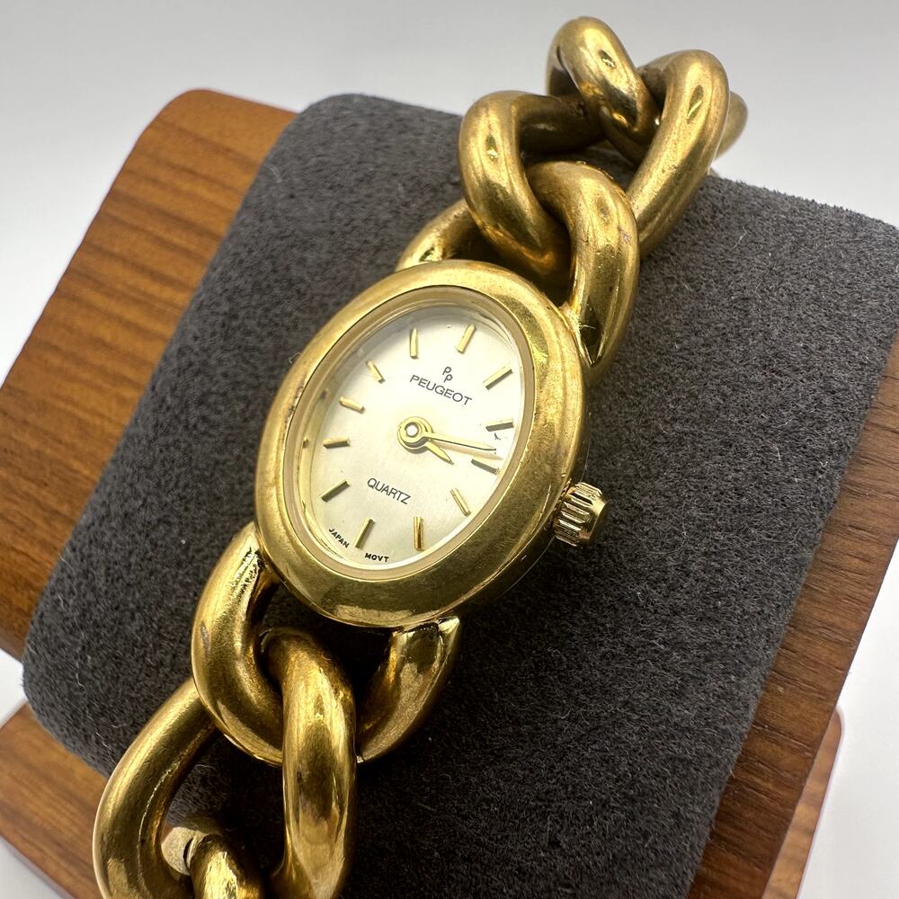 Peugeot Gold Tone Heavy Chain Link Bracelet Quartz Watch Oval Dial